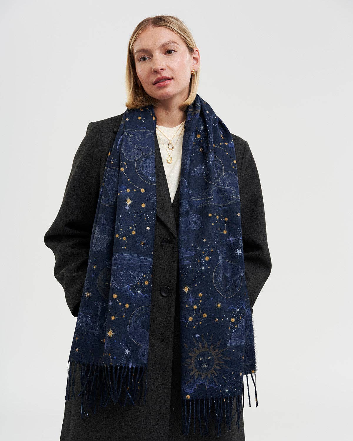 Fable England - Zodiac Long Fringed Scarf in Navy
