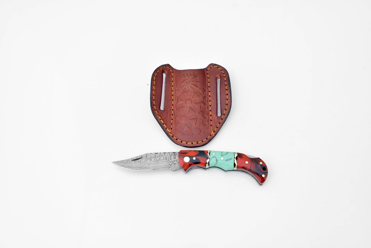 Titan International - Damascus steel pocket knife Limited Run Red & Blue Resin TF-050