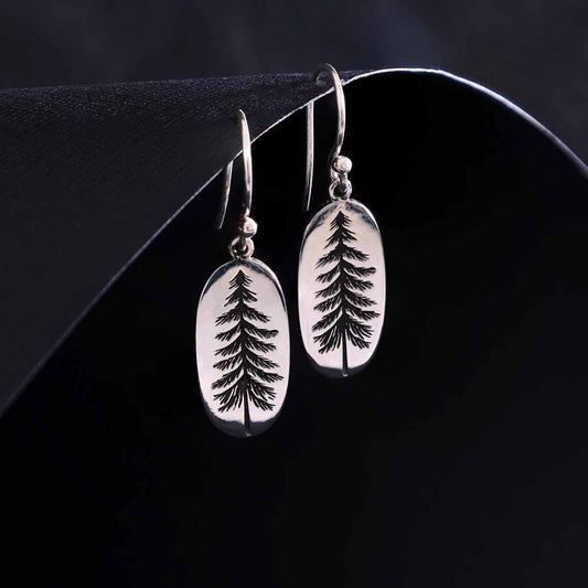 Nina Designs - Sterling Silver Oval Pine Tree Dangle Earrings 34x10mm