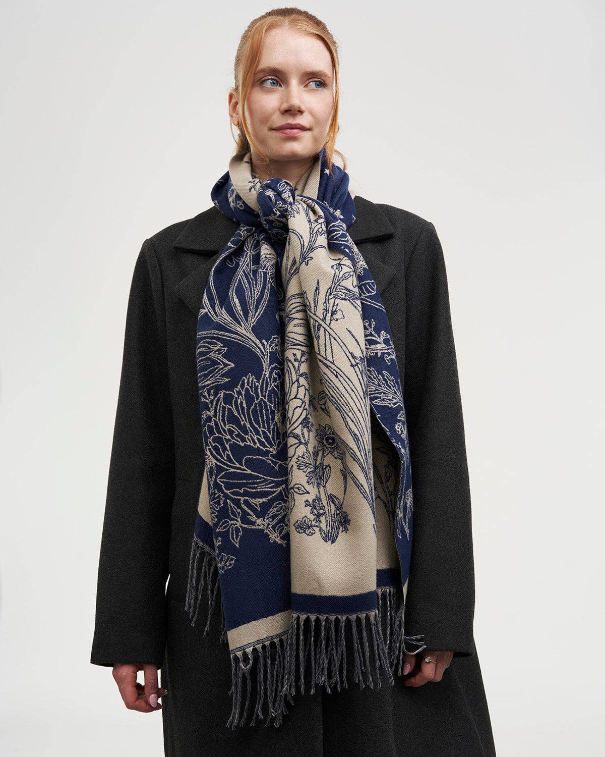 Fable England - Midnight Garden Long Jacquard Scarf in Navy