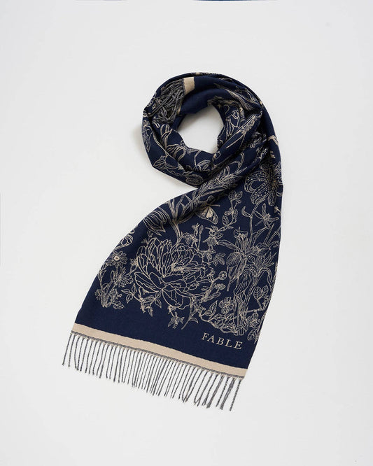 Fable England - Midnight Garden Long Jacquard Scarf in Navy