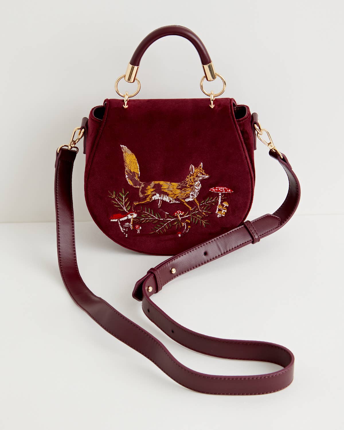 Fable England - FABLE Fox & Mushroom Embroidered Velvet Saddle Purse