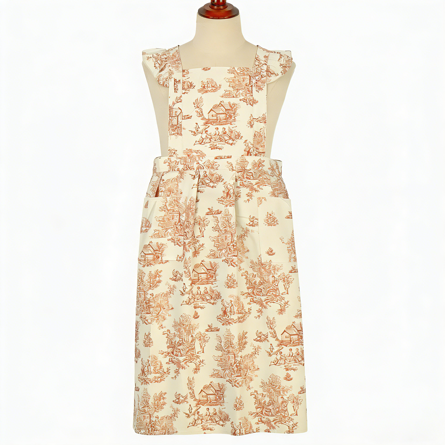 Vintage Cotton Apron with Puffed Shoulder Straps – Sepia Toile