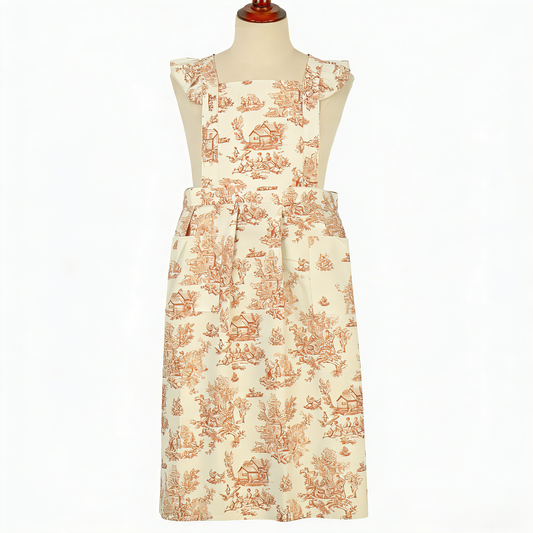 Vintage Cotton Apron with Puffed Shoulder Straps – Sepia Toile