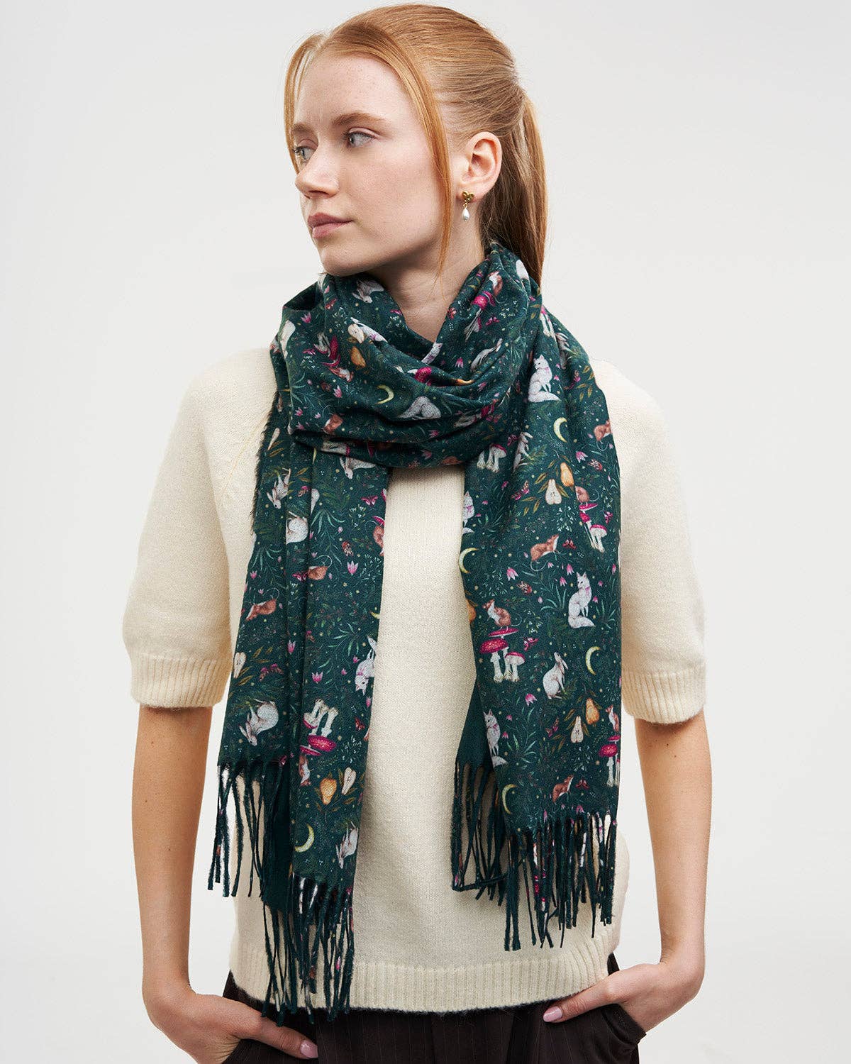Fable England - Niva Long Fringed Scarf in Forest Green