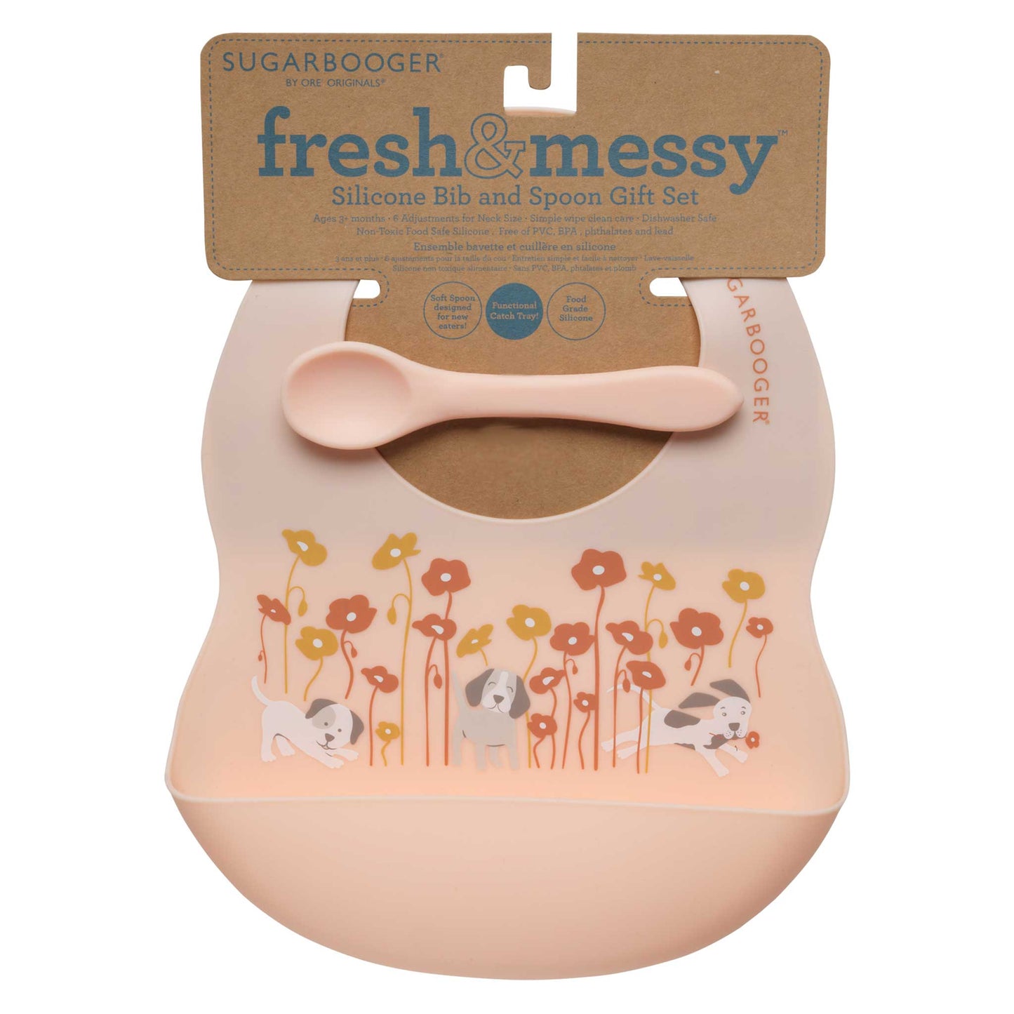 Sugarbooger by Ore’ Originals - Fresh & Messy Silicone Bib & Spoon Set | Puppies & Poppies