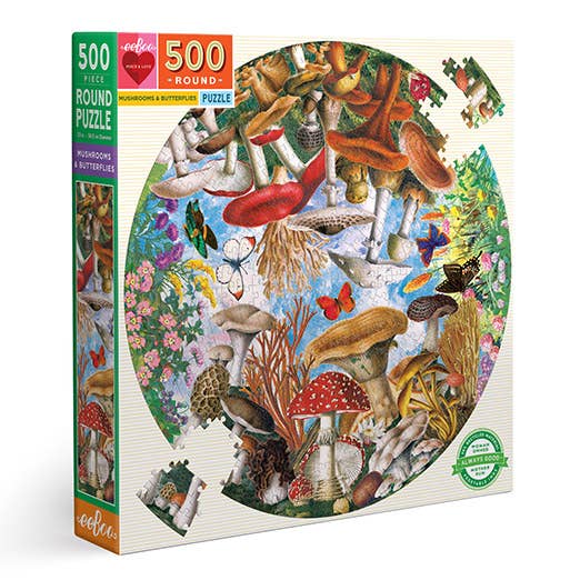 eeBoo - Mushrooms and Butterflies 500 Piece Round Puzzle