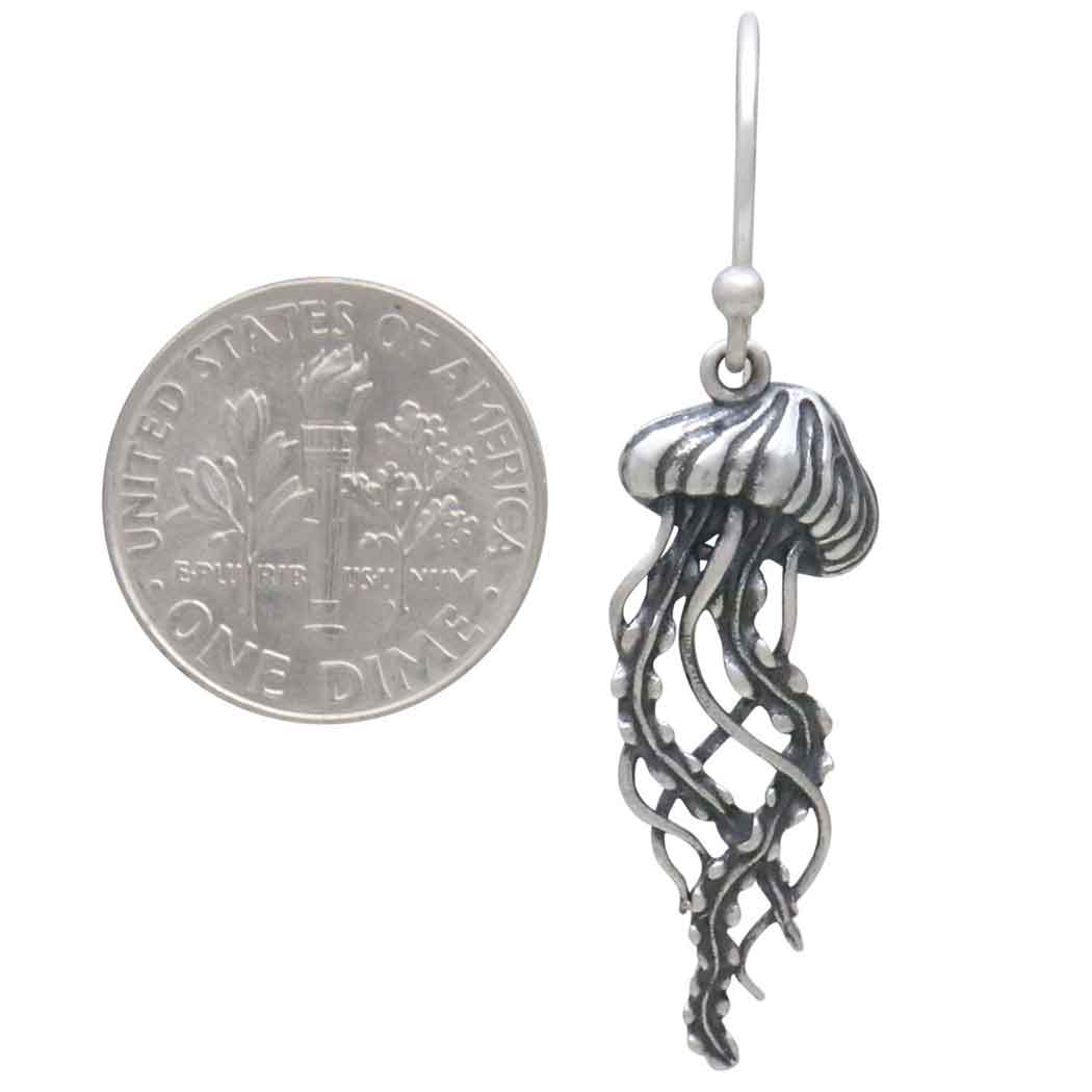 Nina Designs - Sterling Silver Jellyfish Dangle Earrings 44x11mm