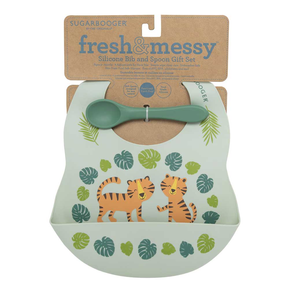 Sugarbooger by Ore’ Originals - Fresh & Messy Silicone Bib & Spoon Set | Tiger