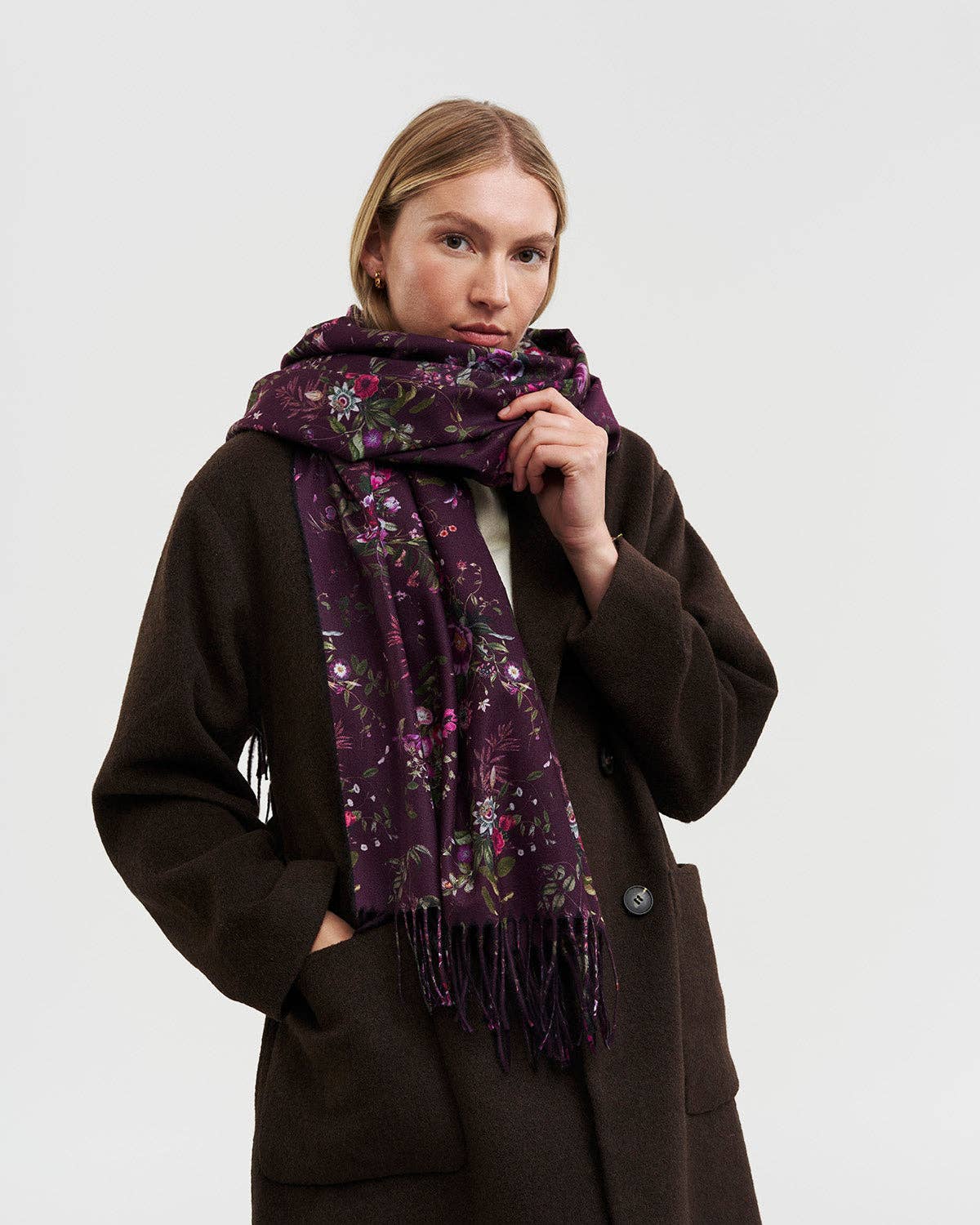 Fable England - Eve Floral Long Fringed Scarf in Burgundy