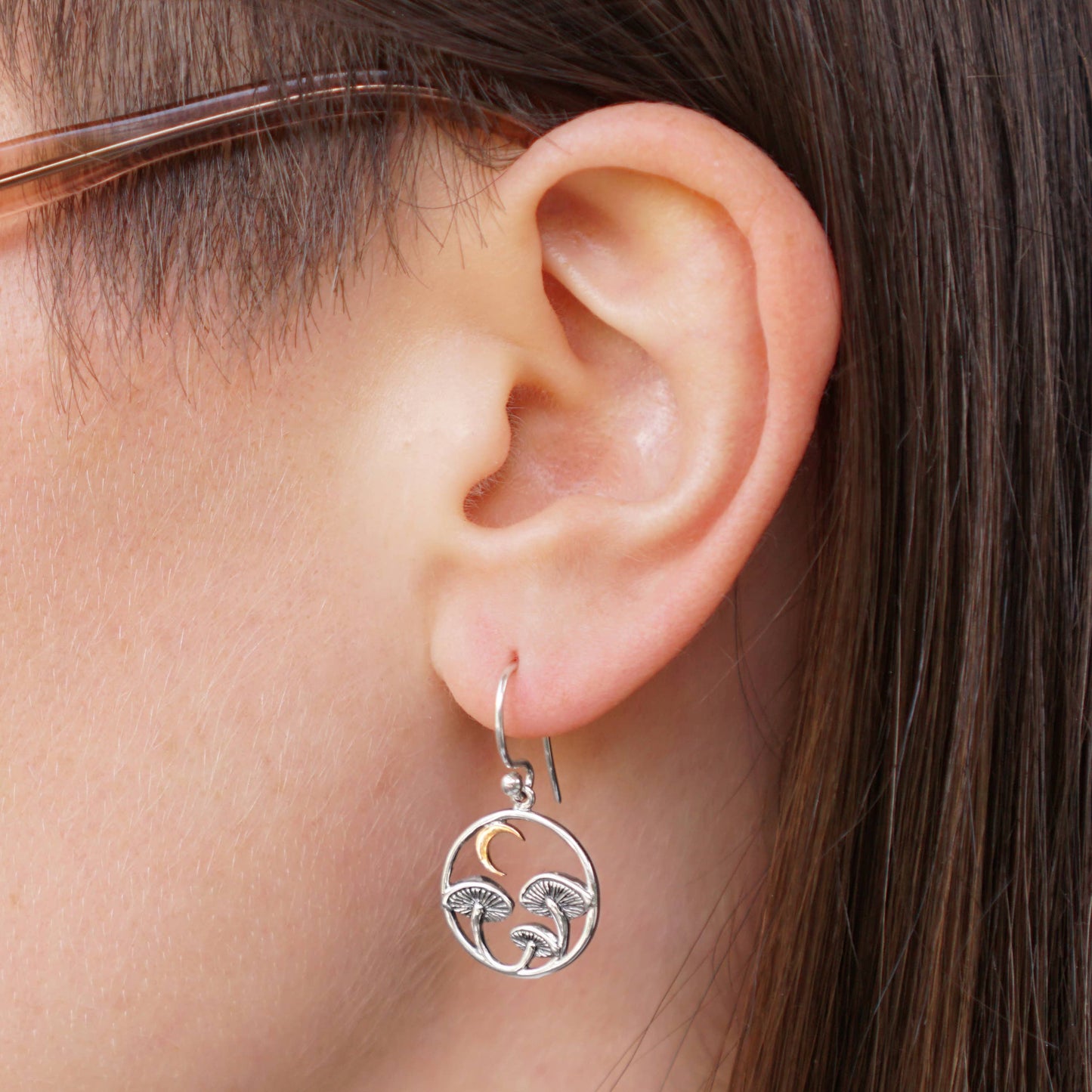 Nina Designs - Silver Mushroom Dangle Earrings with Bronze Moon 28x15mm