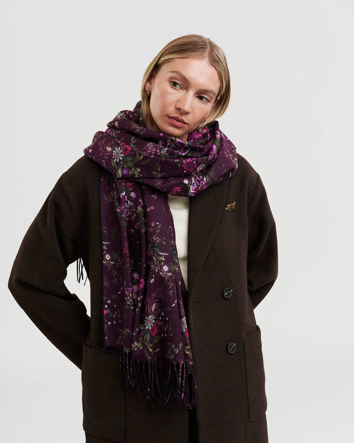 Fable England - Eve Floral Long Fringed Scarf in Burgundy