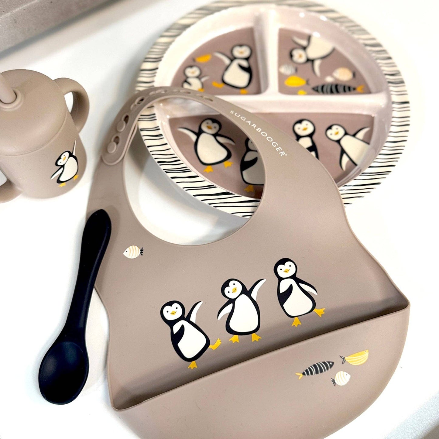 Sugarbooger by Ore’ Originals - Fresh & Messy Silicone Bib & Spoon Set | Penguin