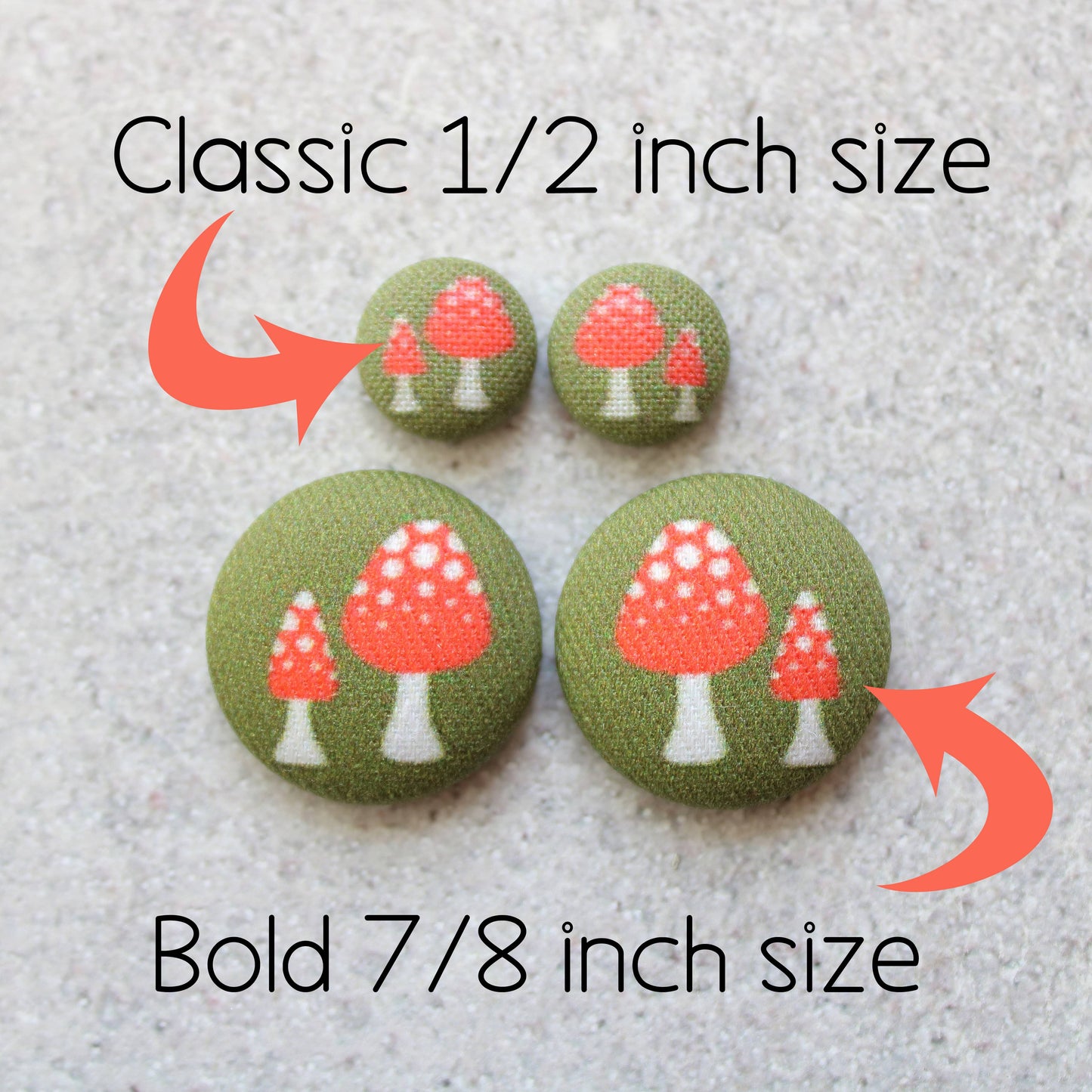 Rachel O's - Bold 7/8 Inch Retro Mushrooms Fabric Button Earrings