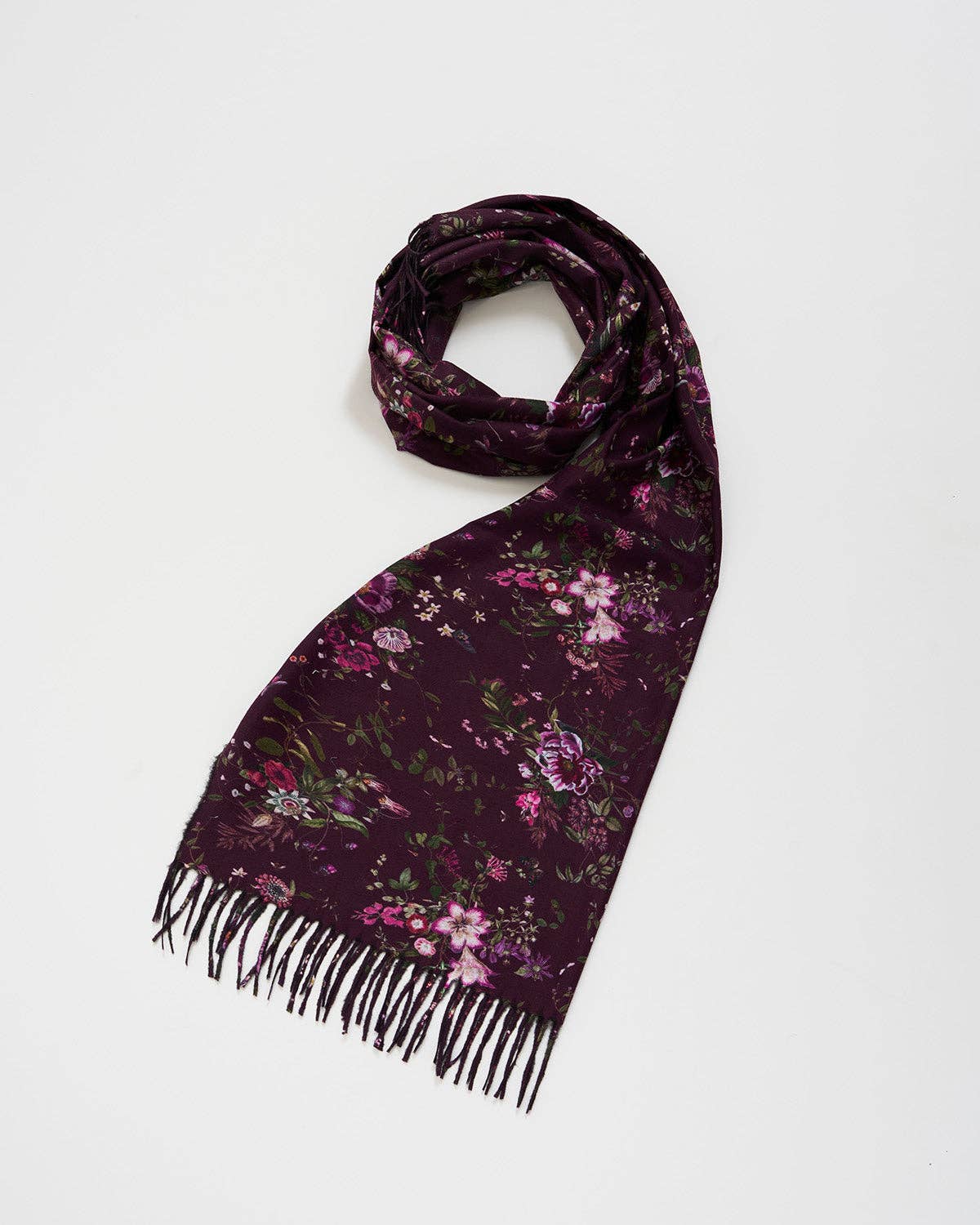 Fable England - Eve Floral Long Fringed Scarf in Burgundy