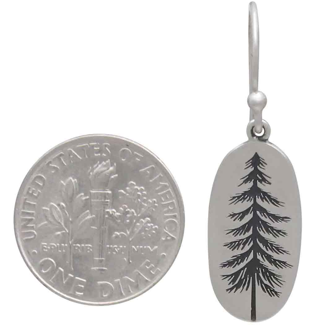 Nina Designs - Sterling Silver Oval Pine Tree Dangle Earrings 34x10mm