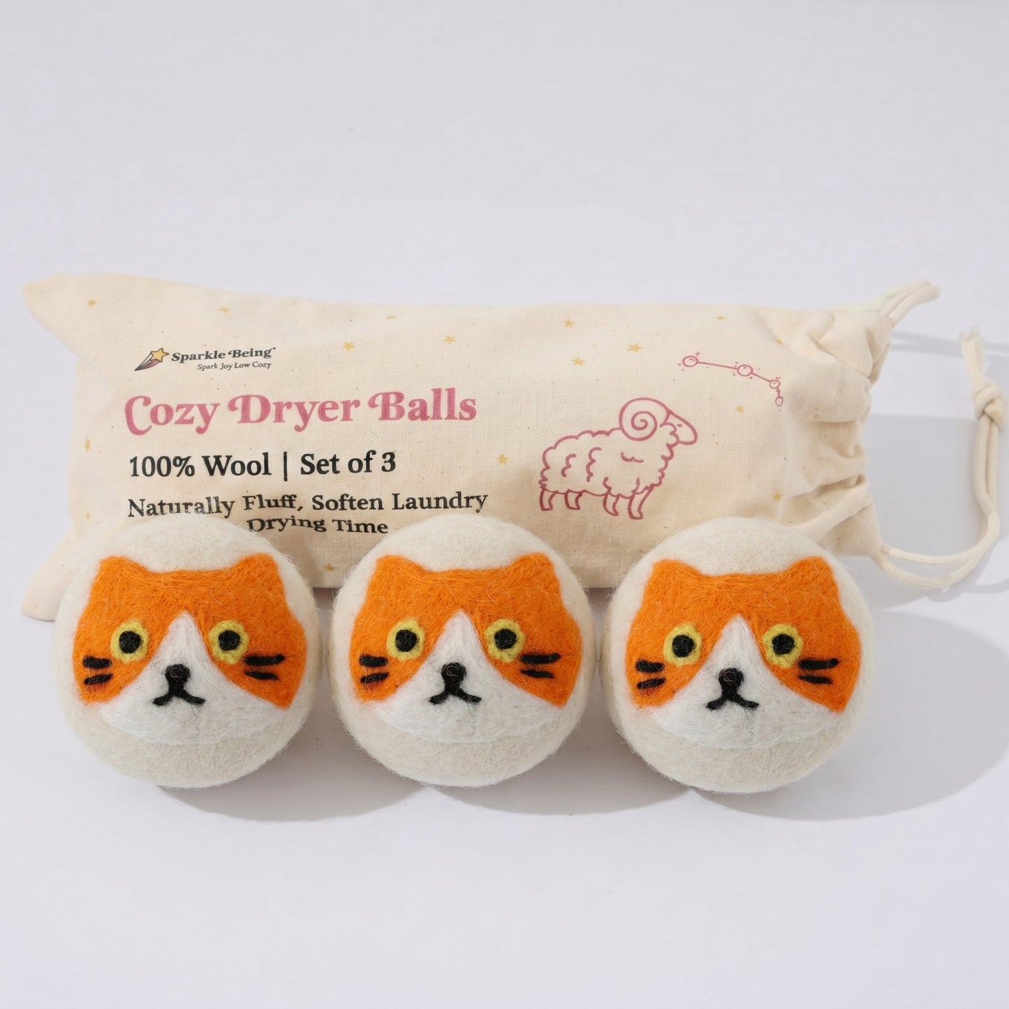Orange Cat Eco Wool Laundry Dryer Balls - Set of 3