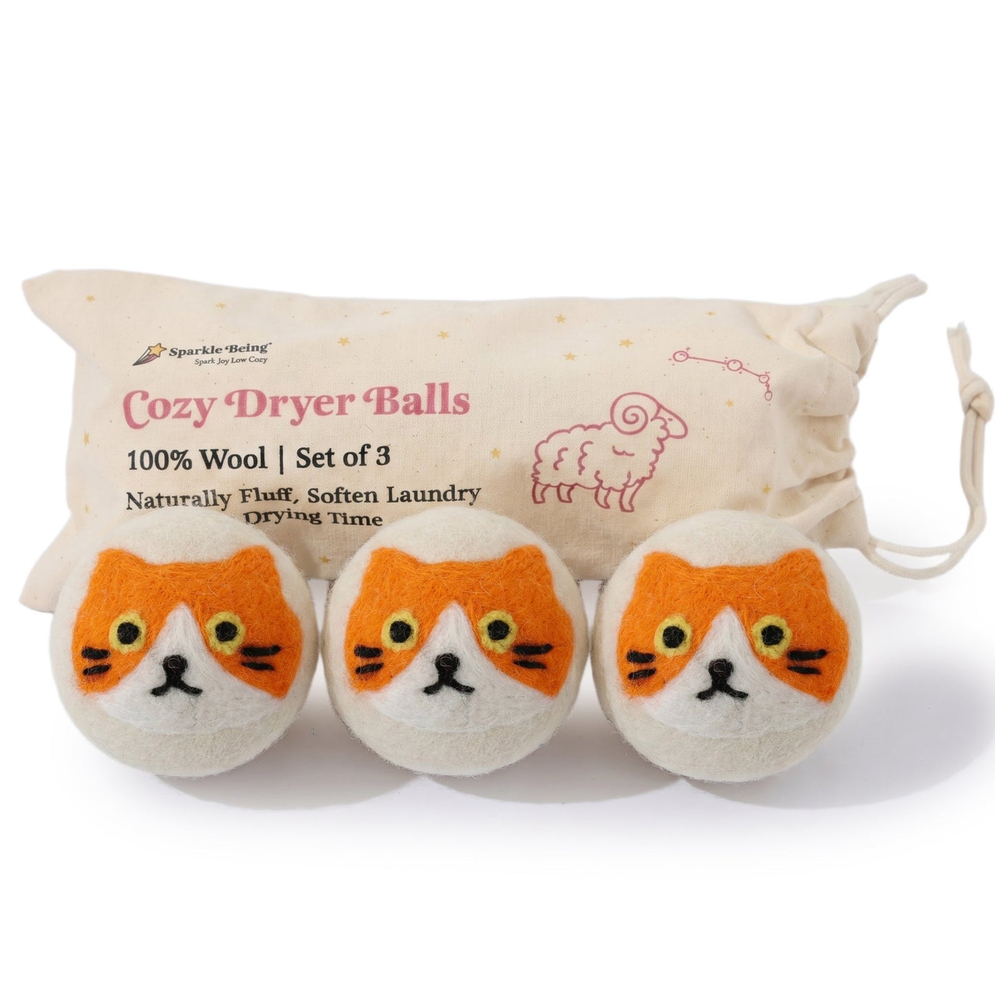 Orange Cat Eco Wool Laundry Dryer Balls - Set of 3