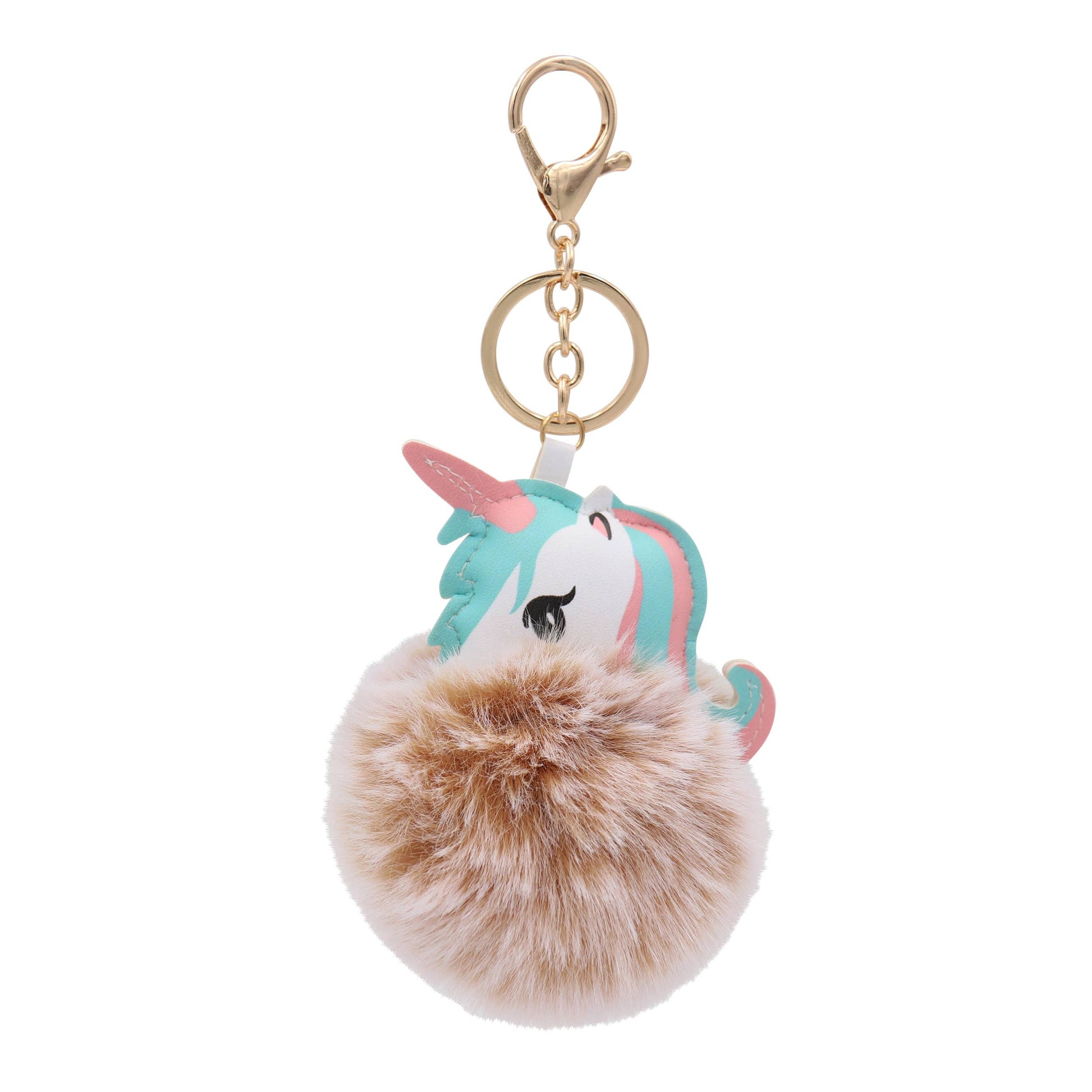Image of Real Sic Heather Tan Cute Animal Faux Fur Fluffy Fuzzy Pom Pom Keychain - Unicorn