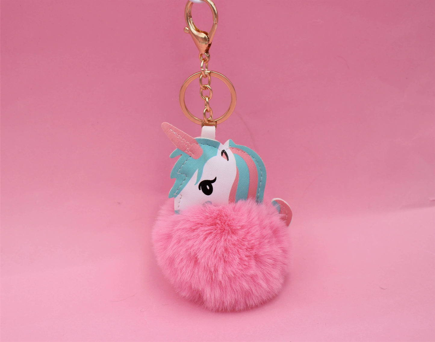 Image of Real Sic Bubble Gum Cute Animal Faux Fur Fluffy Fuzzy Pom Pom Keychain - Unicorn