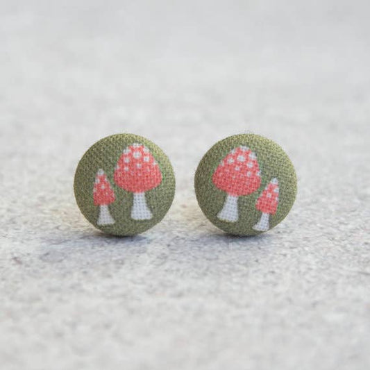 Rachel O's - Retro Mushrooms Fabric Button Earrings