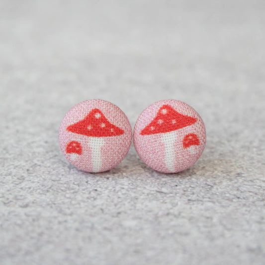 Rachel O's - Pink Mushroom Fabric Button Earrings