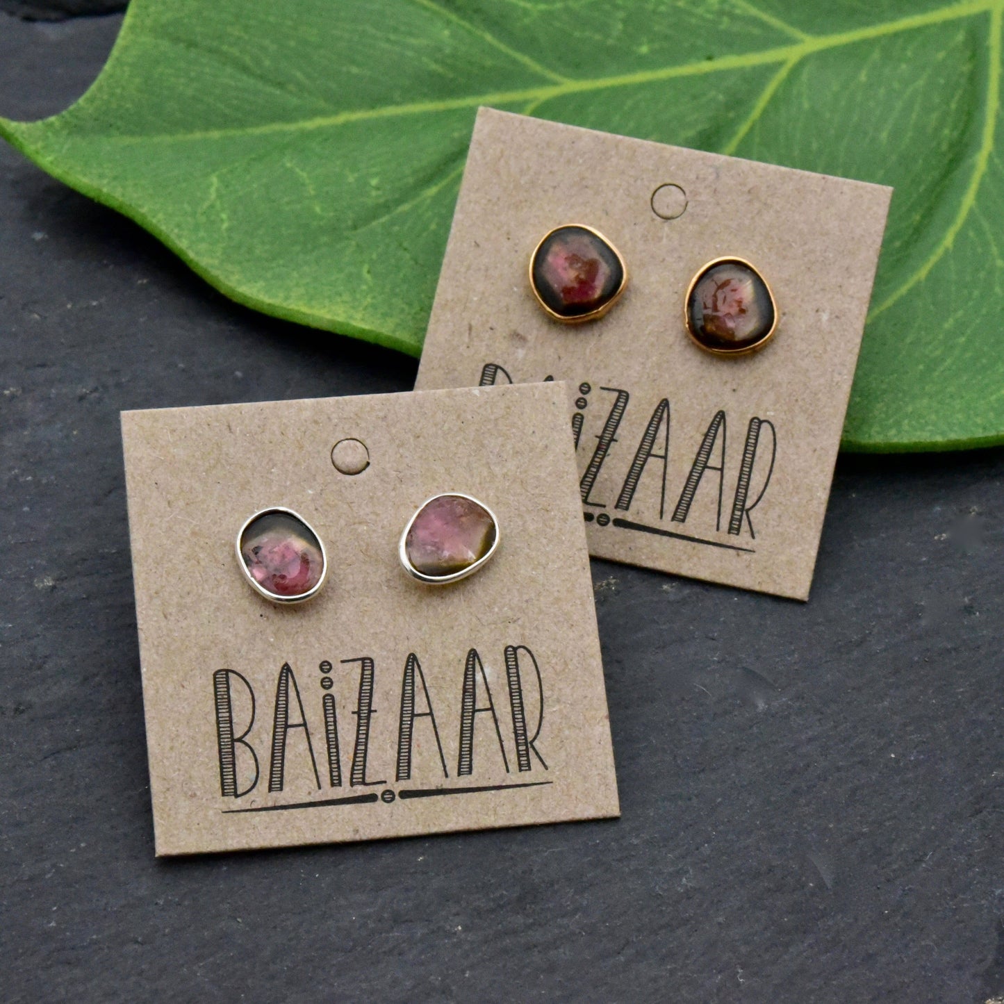 Baizaar - Sterling Silver Tourmaline Slice Stud Earring