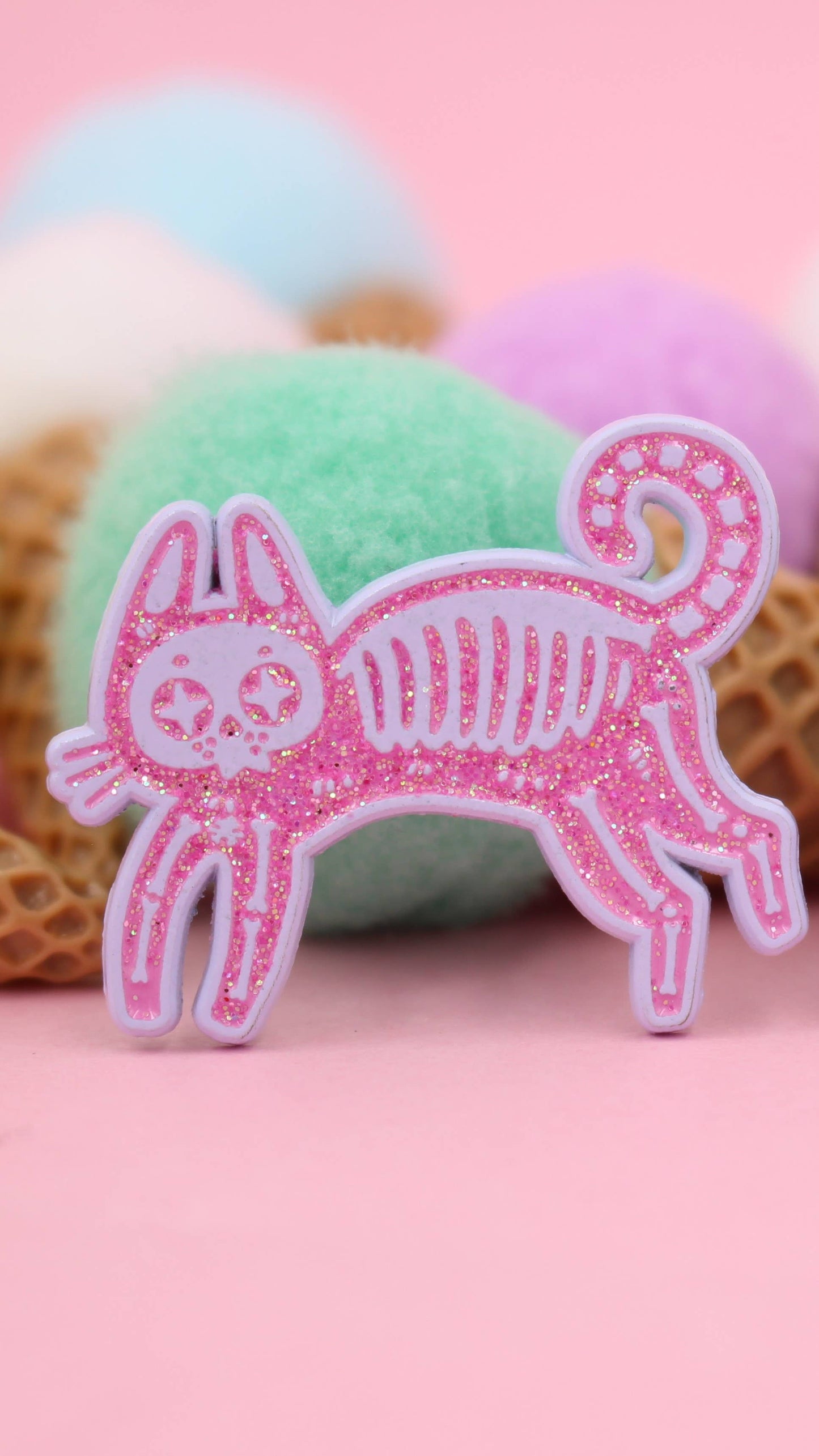 Image of Real Sic Skeleton Cat (Pink) Skeleton Cat Enamel Pin – Black Cat Pin