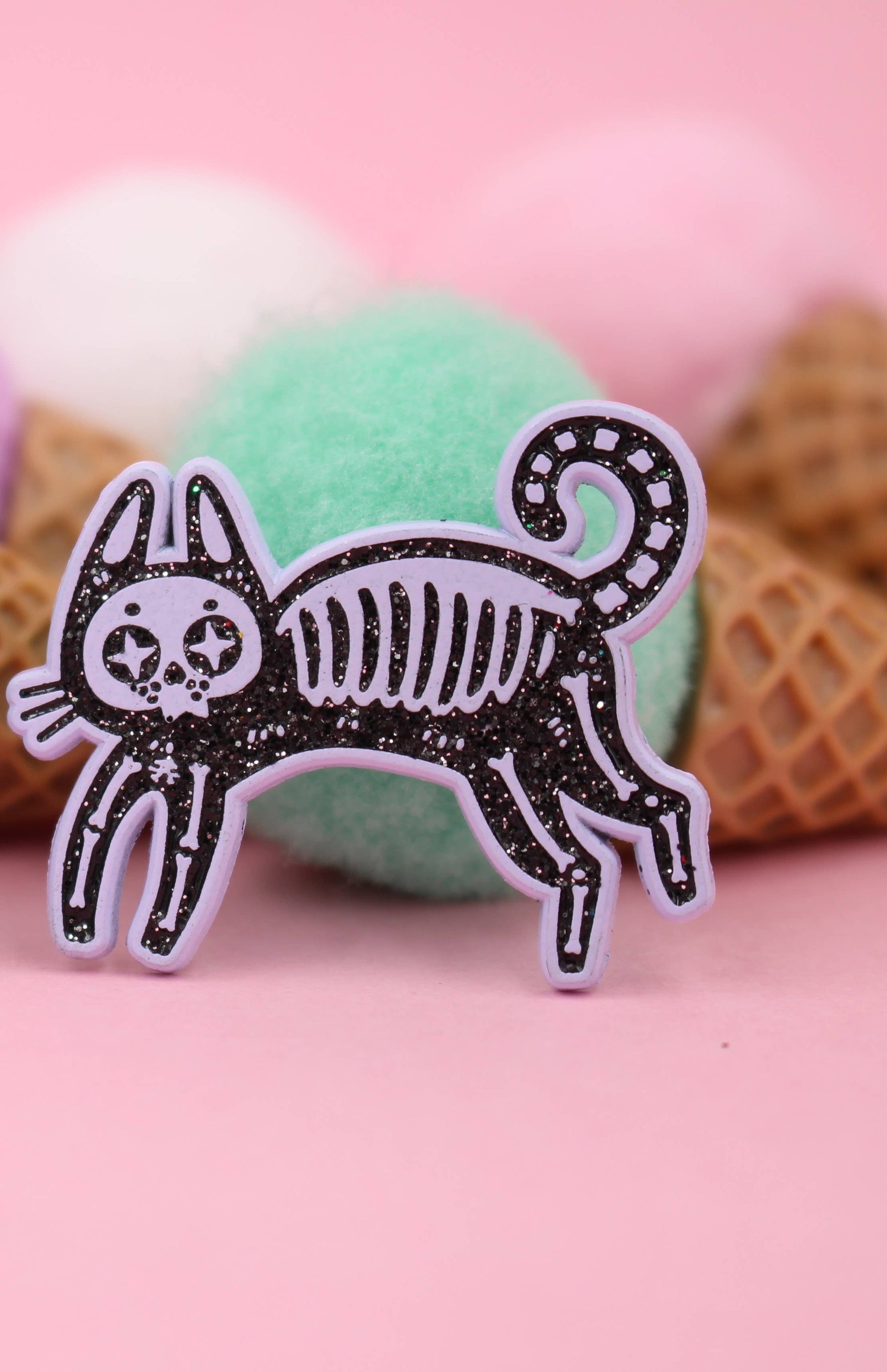 Image of Real Sic Skeleton Cat (Black Glitter) Skeleton Cat Enamel Pin – Black Cat Pin