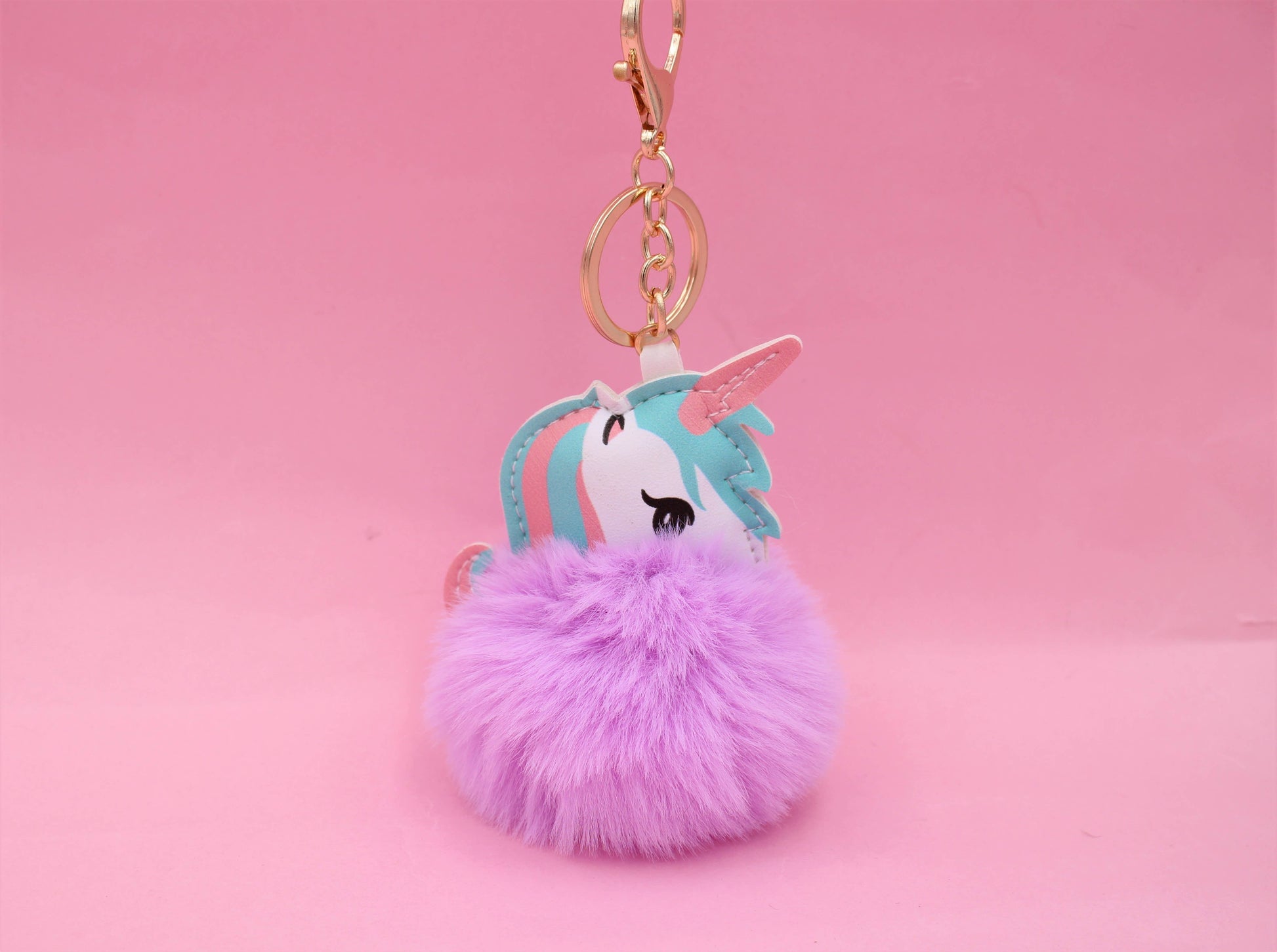 Image of Real Sic Purple Cute Animal Faux Fur Fluffy Fuzzy Pom Pom Keychain - Unicorn