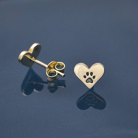 Nina Designs - Sterling Silver Heart Post Earrings with Paw Print 7x8mm