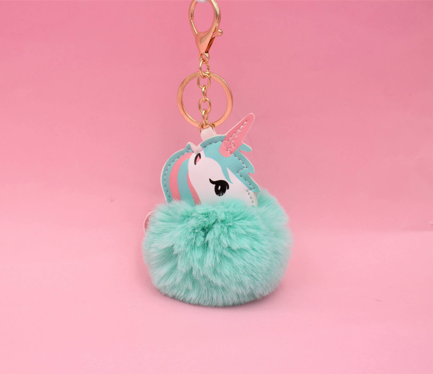 Image of Real Sic Teal Cute Animal Faux Fur Fluffy Fuzzy Pom Pom Keychain - Unicorn