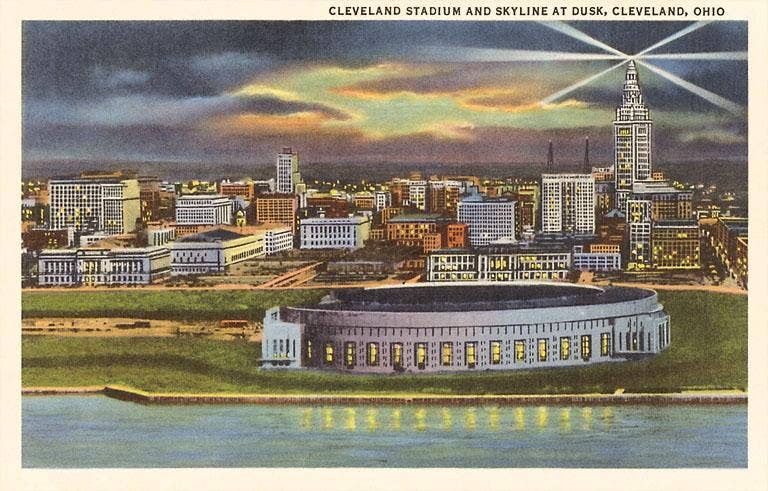 OH-185 Night, Cleveland Stadium, Cleveland - Vintage Image, Postcard