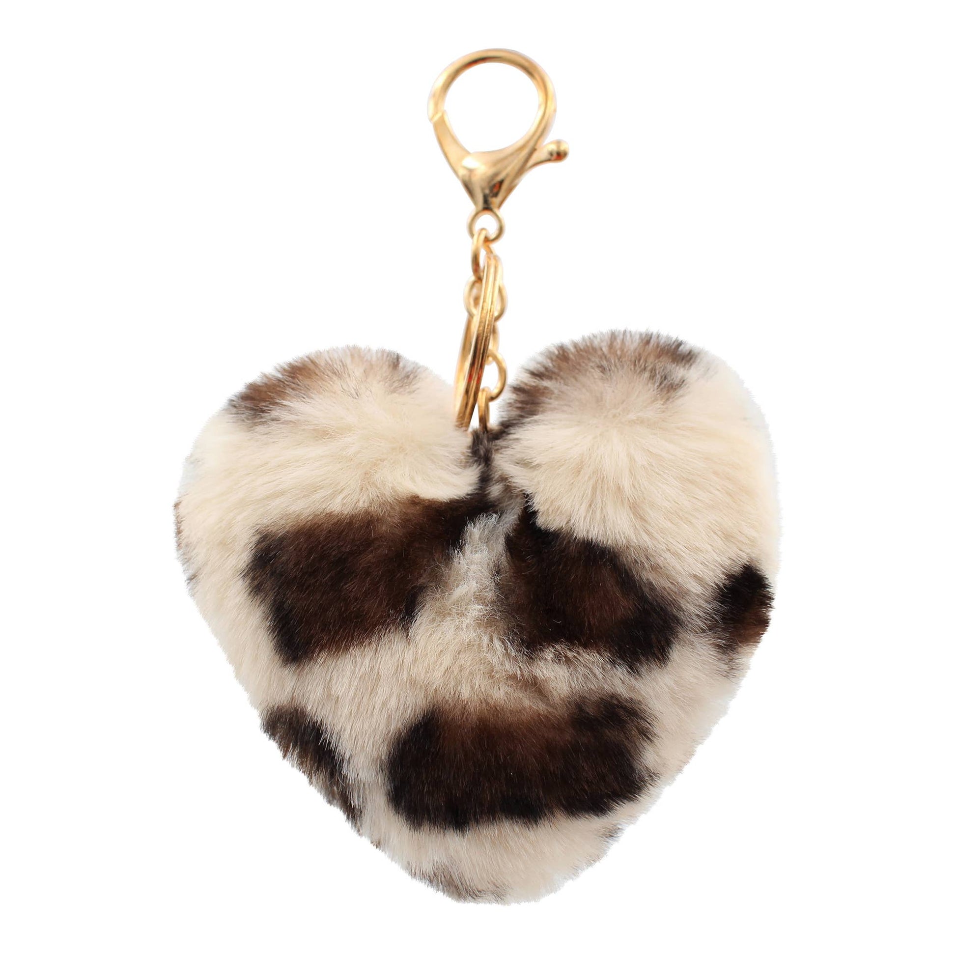 Image of Real Sic Snow Leopard Pom Pom Fuzzy  Heart Key Chain for girl's bag and purse