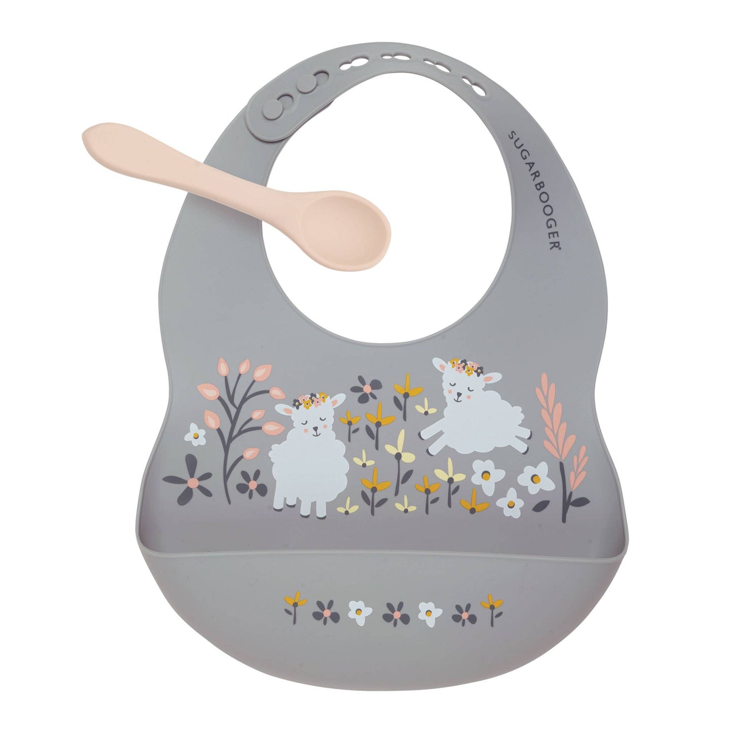 Sugarbooger by Ore’ Originals - Fresh & Messy Silicone Bib & Spoon Set | Lily the Lamb