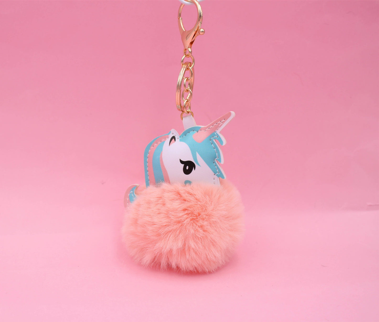 Image of Real Sic Pink Cute Animal Faux Fur Fluffy Fuzzy Pom Pom Keychain - Unicorn