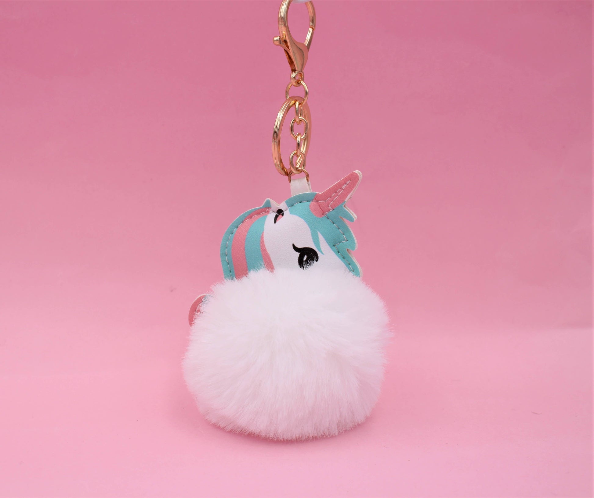 Image of Real Sic White Cute Animal Faux Fur Fluffy Fuzzy Pom Pom Keychain - Unicorn