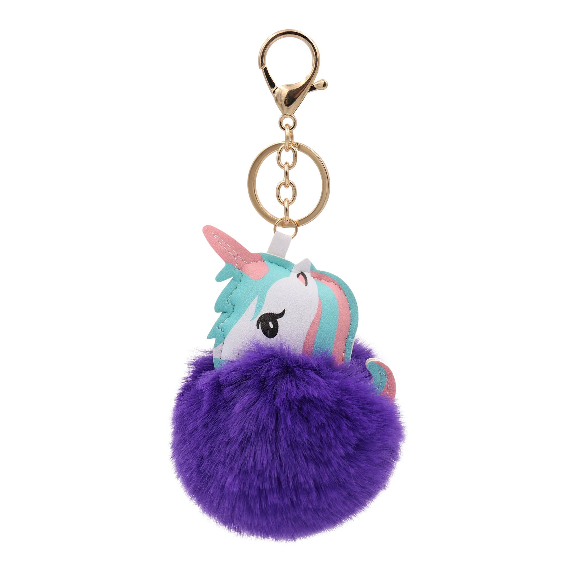 Image of Real Sic Ultraviolet Cute Animal Faux Fur Fluffy Fuzzy Pom Pom Keychain - Unicorn