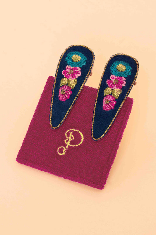 Embroidered Hair Clips (Set of 2) - Vintage Floral, Navy