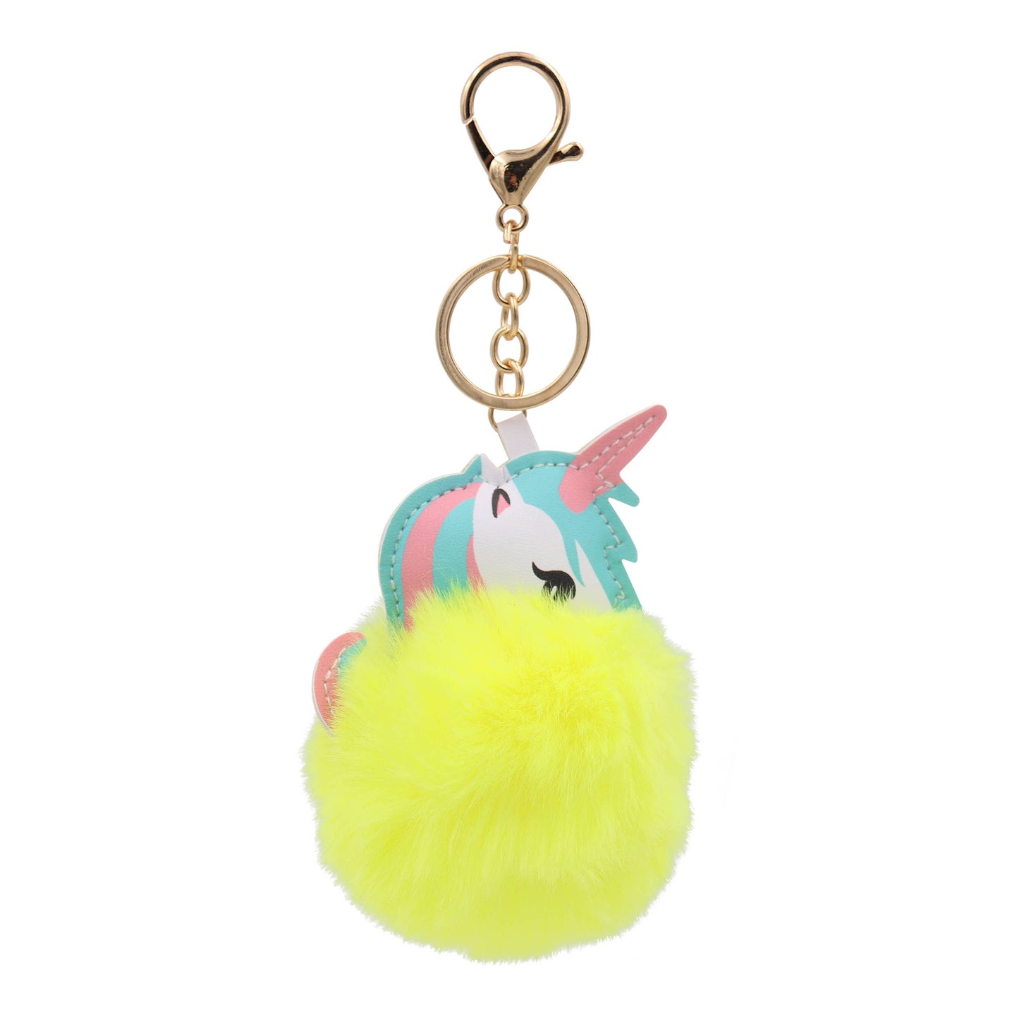 Image of Real Sic Yellow Cute Animal Faux Fur Fluffy Fuzzy Pom Pom Keychain - Unicorn