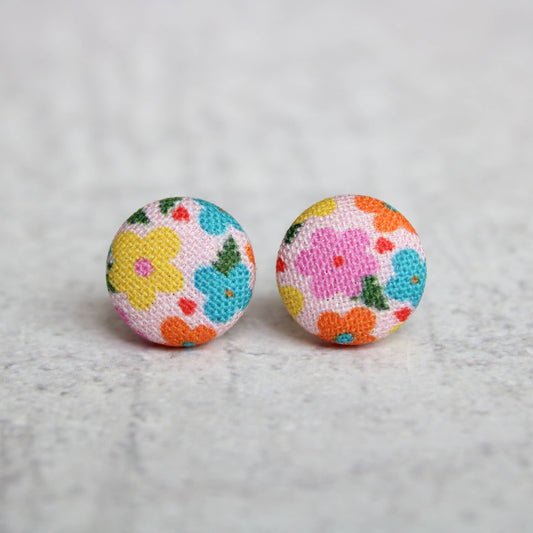 Rachel O's - Multicolor Flowers Fabric Button Earrings