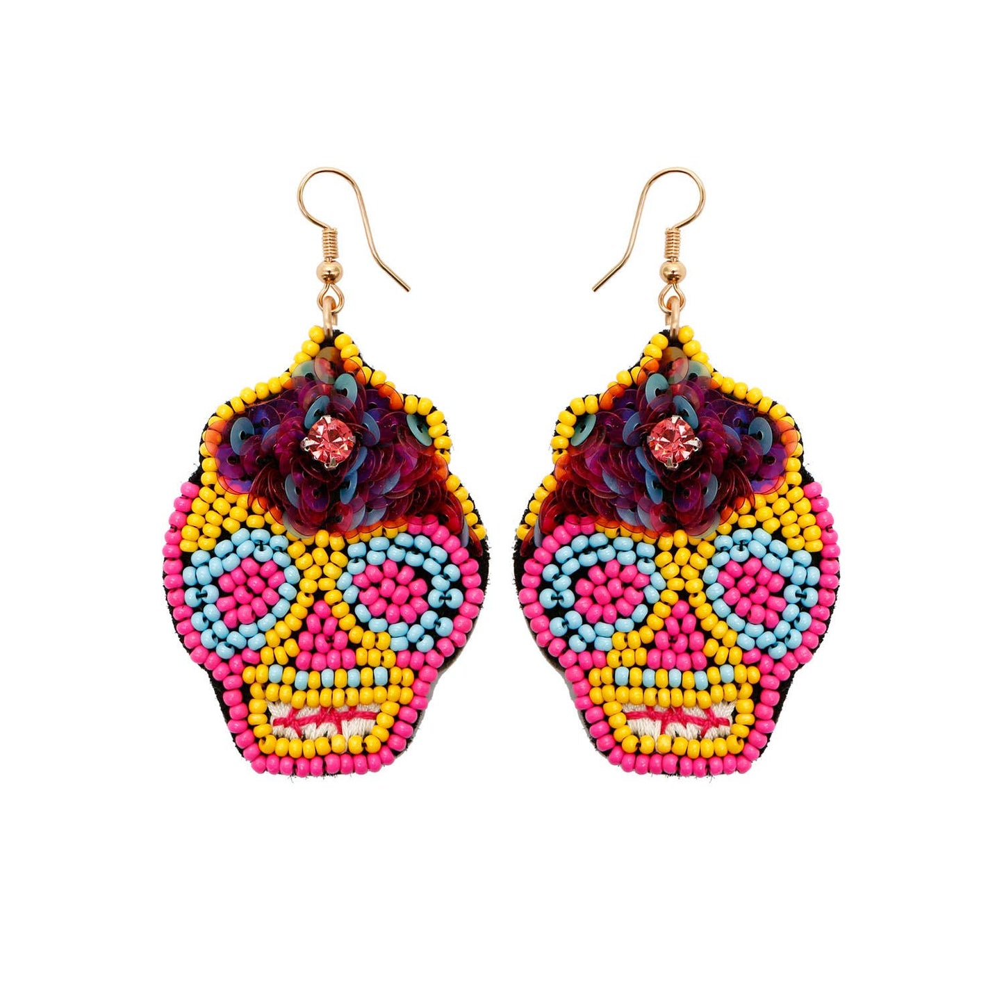 Image of Real Sic Yellow Statement Beaded Drop Earring For Halloween - Sugar Skull