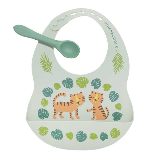 Sugarbooger by Ore’ Originals - Fresh & Messy Silicone Bib & Spoon Set | Tiger