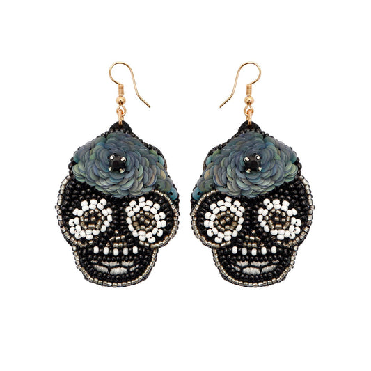 Image of Real Sic Black Statement Beaded Drop Earring For Halloween - Sugar Skull