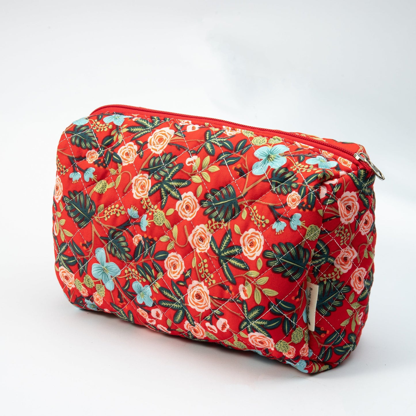 Makeup Bag Quilted Cosmetics Bag Red Minimal Floral Toiletry