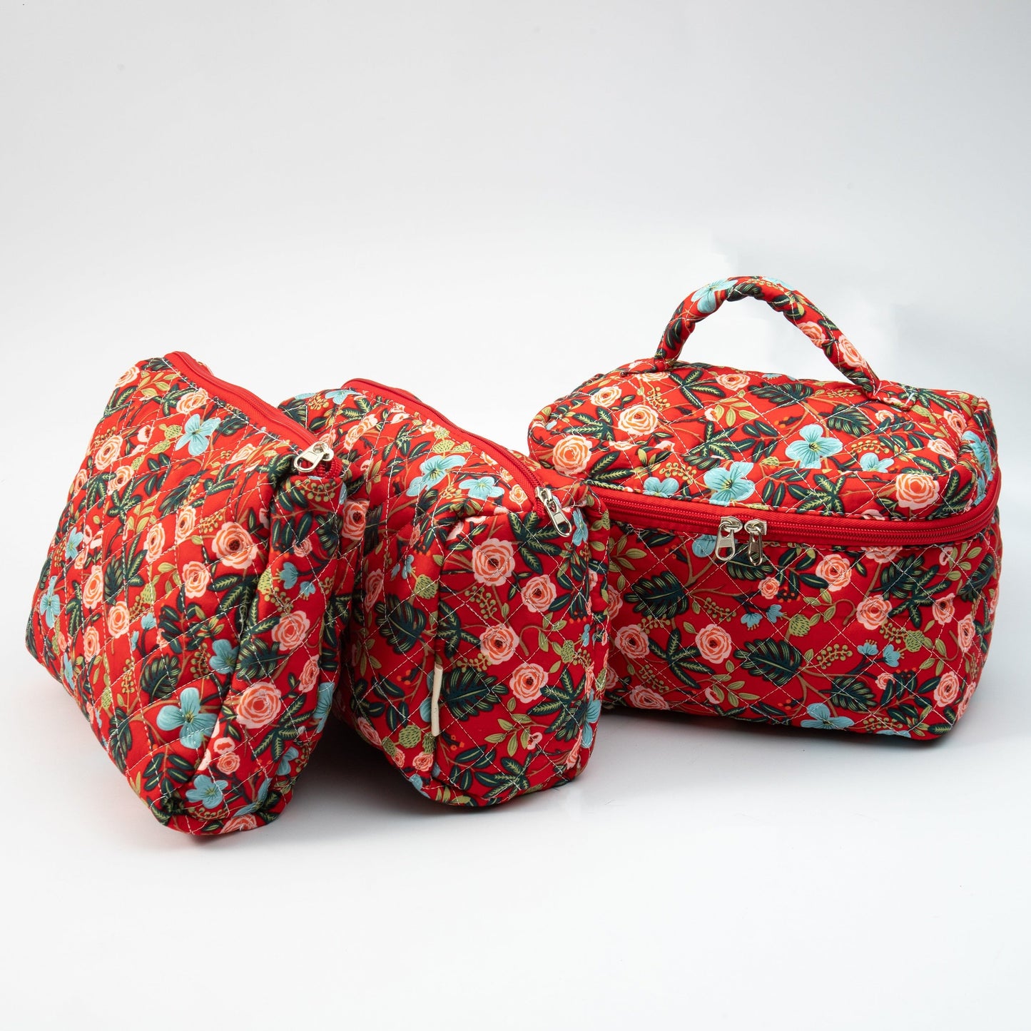 Makeup Bag Quilted Cosmetics Bag Red Minimal Floral Toiletry