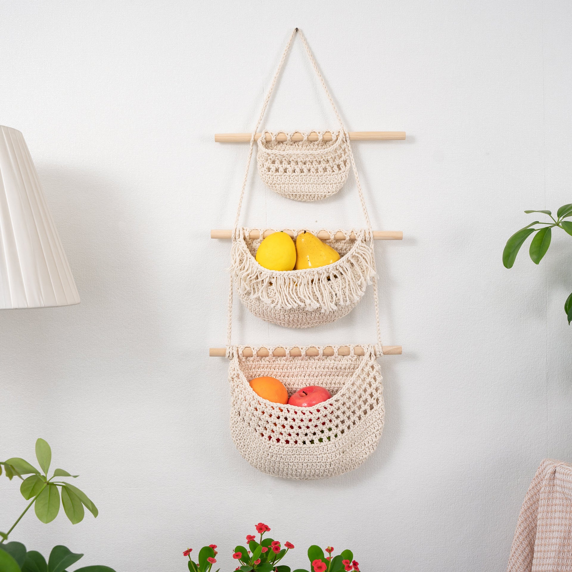 hanging fruit and vegetable plants Fruits, Vegetable, Storage Organize Bag Macrame Wall Hanging Gray