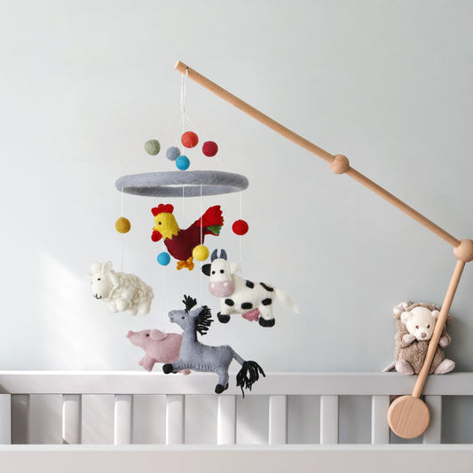 Handmade Wool Felt Baby Mobile For Crib Nursery - Cow, Chicken, Sheep Animal Toys Mobile