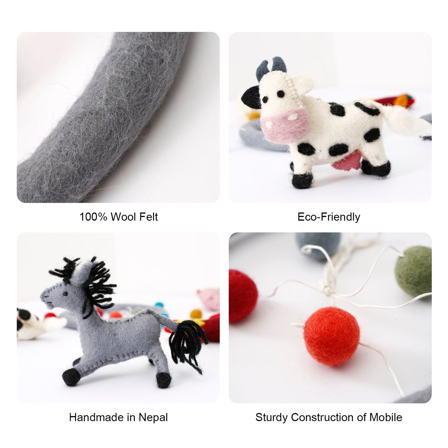 Handmade Wool Felt Baby Mobile For Crib Nursery - Cow, Chicken, Sheep Animal Toys Mobile