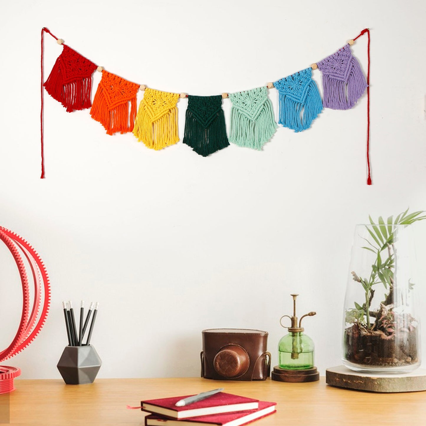 Hand Woven Cotton Macrame Wall Hanging Curtain Decor Banner - Rainbow